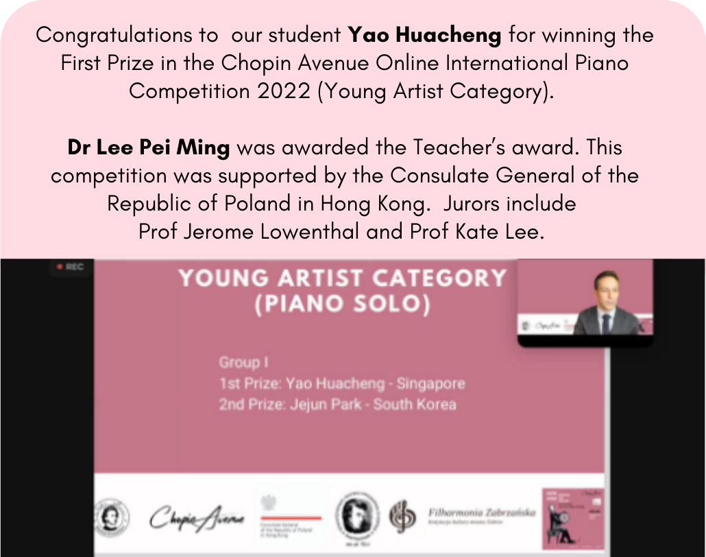 Yao Huacheng for winning the First Price in the Chopin Avenue